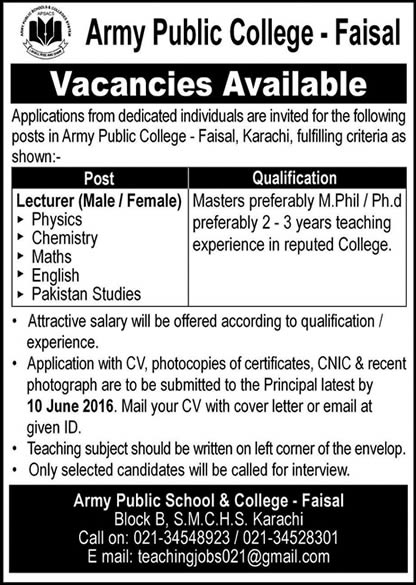 Army Public College Faisal Karachi Jobs June 2016 for Lecturers Latest