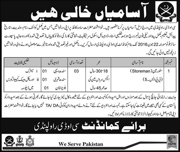 Storeman Jobs in COD Rawalpindi June 2016 Central Ordnance Depot Latest