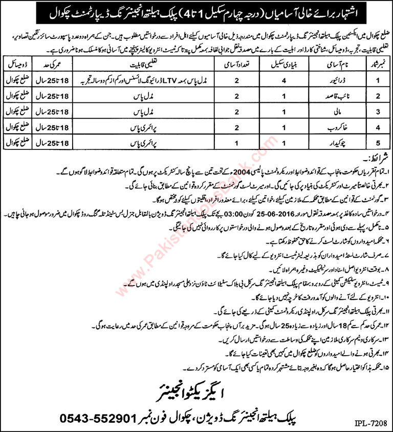 Public Health Engineering Department Chakwal Jobs 2016 June Naib Qasid, Drivers, Mali, Khakroob & Chowkidar Latest