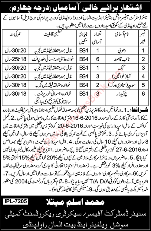 Social Welfare Department Punjab Rawalpindi Jobs 2016 June Naib Qasid, Chowkidar, Sweeper & Others Latest