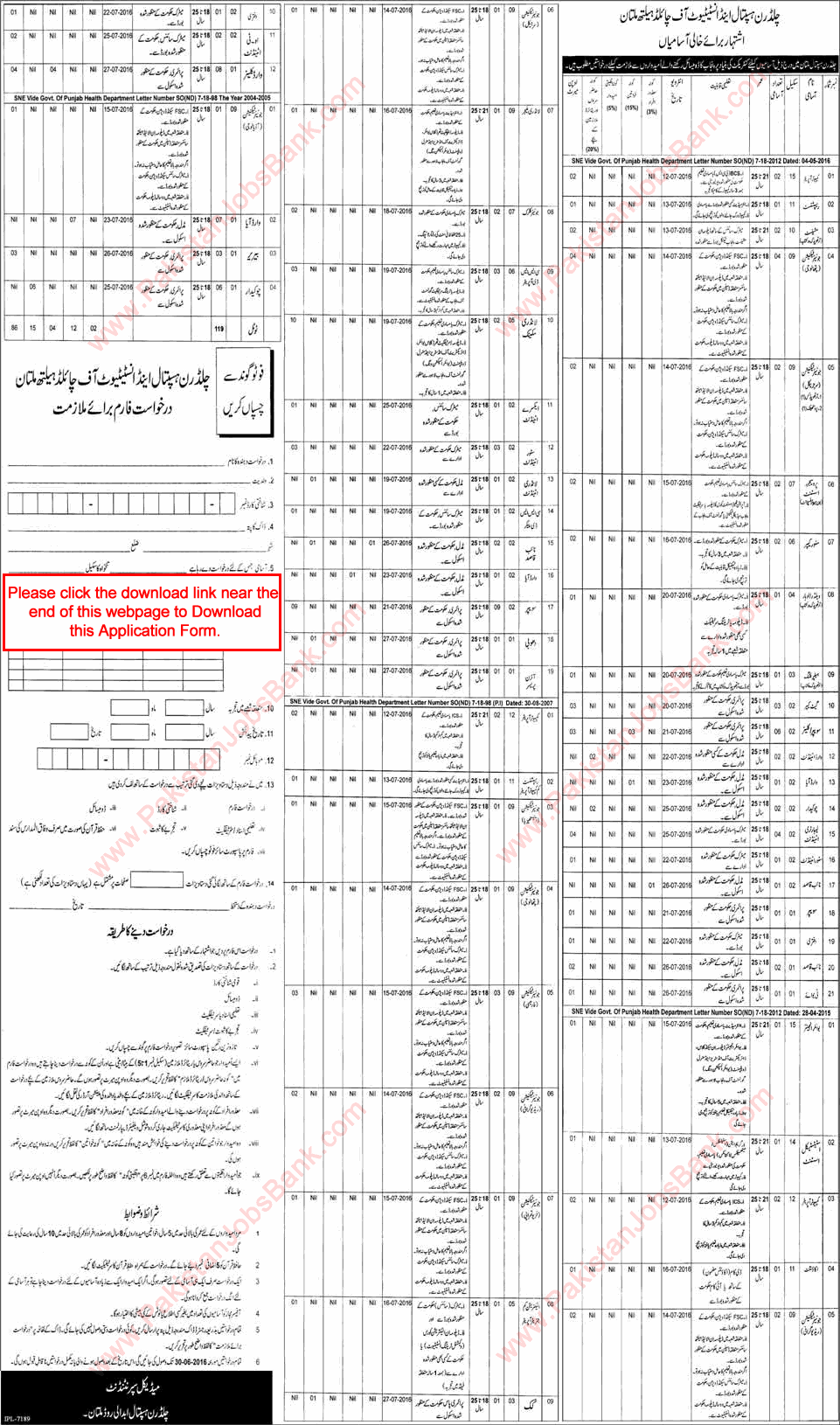 Children's Hospital Multan Jobs June 2016 Application Form The Institute of Child Health CHICH Latest