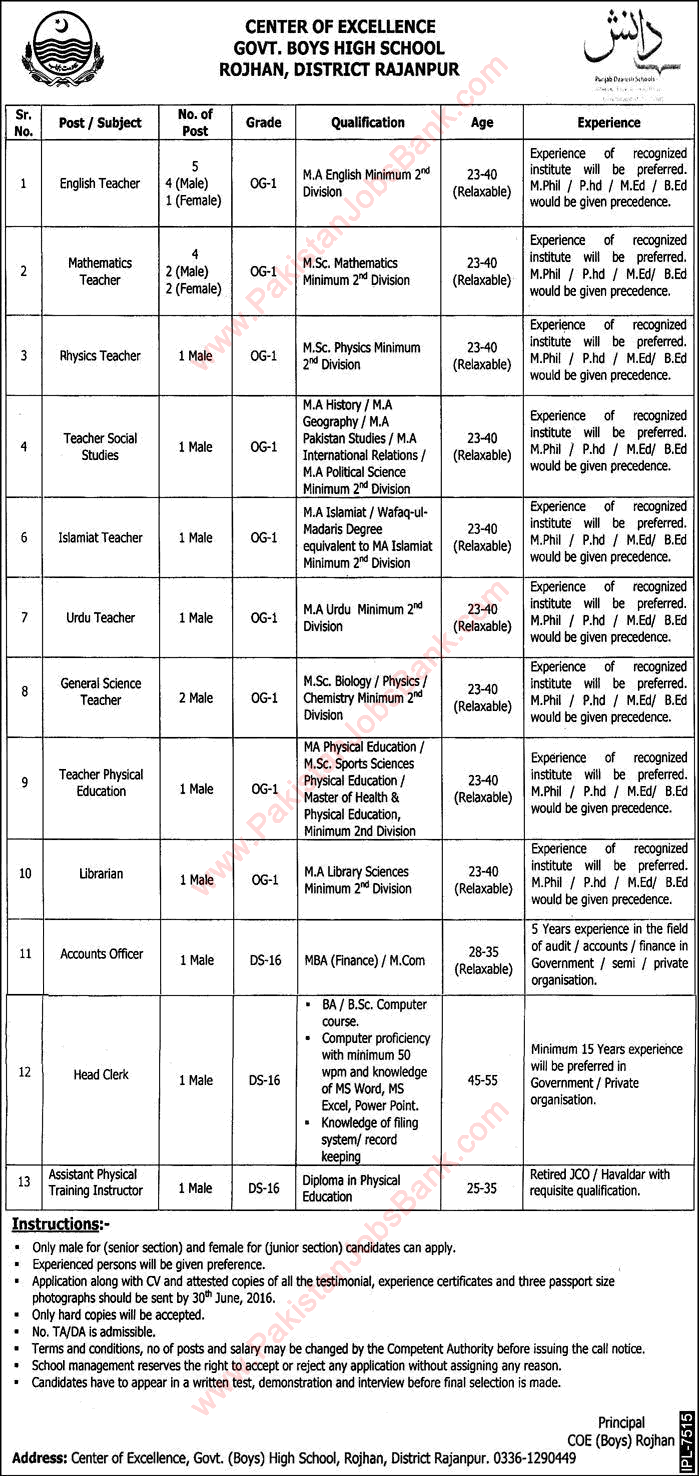 Center of Excellence Government High School Rojhan Jobs 2016 June Punjab Danish Schools Latest