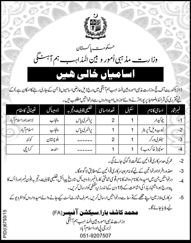 Ministry of Religious Affairs Jobs June 2016 Sanitary Workers / Sweeper, Chowkidar & Tubewell Operator Latest