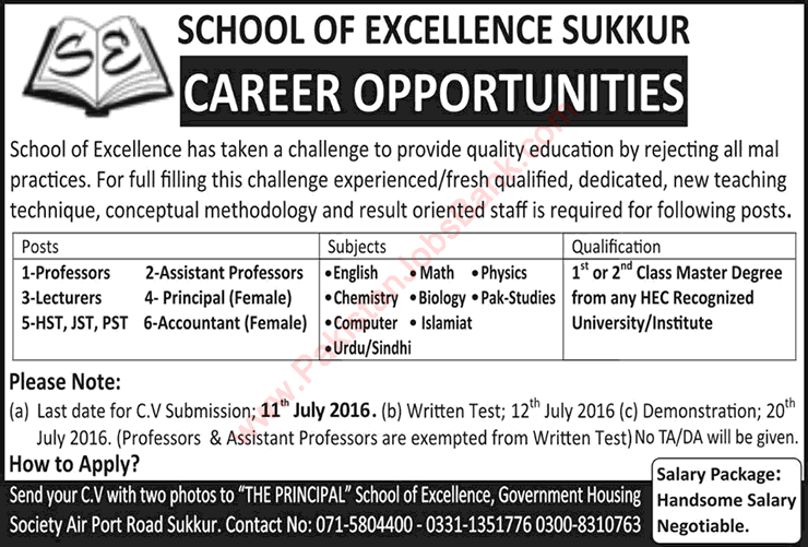 School of Excellence Sukkur Jobs 2016 June Teaching Faculty, Principal & Accountant Latest