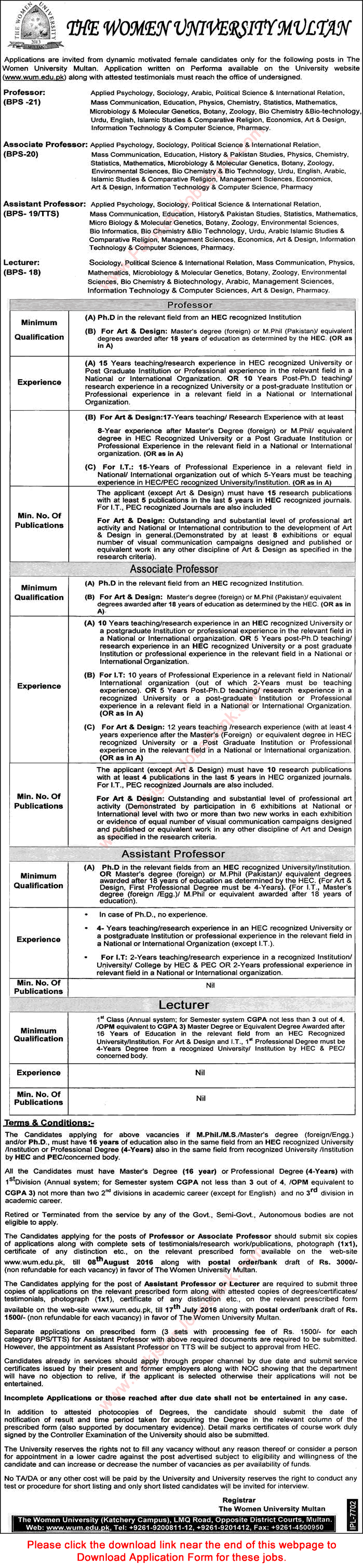 Women University Multan Jobs 2016 June Application Form Teaching Faculty Latest