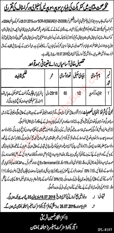 Sanitary Worker / Sweeper Jobs in Health Department Multan 2016 July Latest