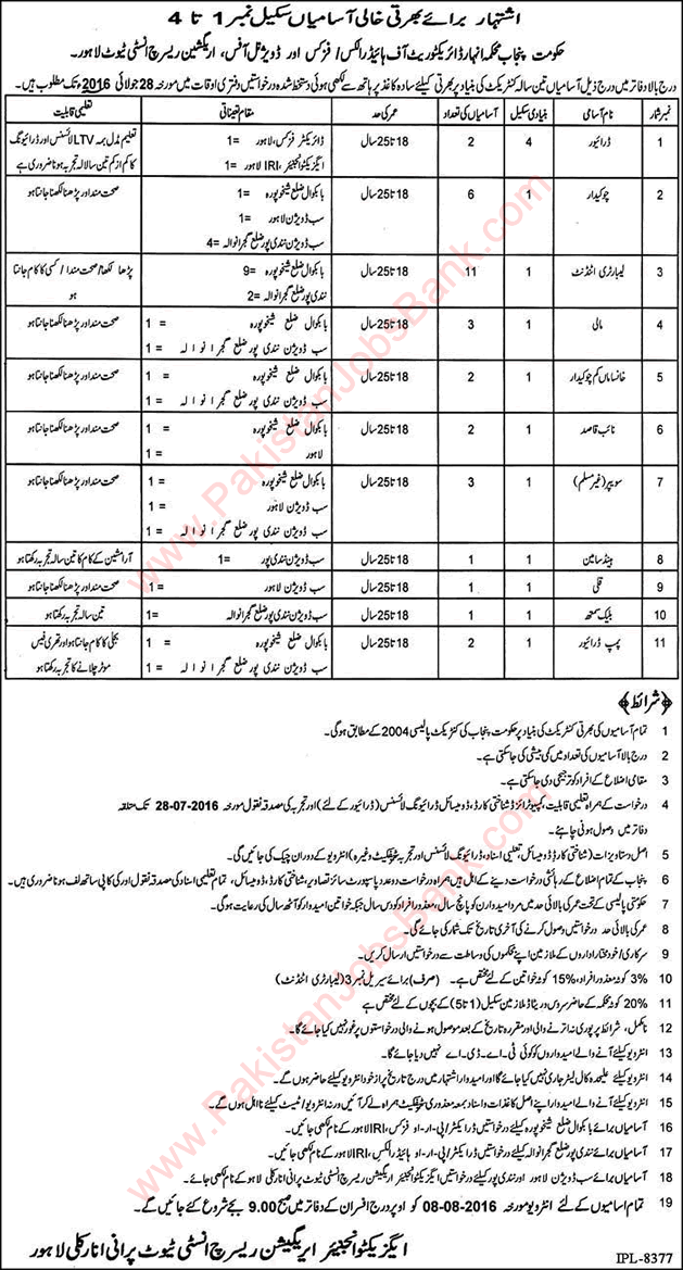 Irrigation Department Punjab Jobs July 2016 Lab Attendants, Chowkidar, Naib Qasid & Others Latest