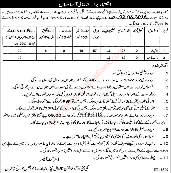 Community Organization Khanewal Jobs 2016 July Chowkidar & Naib Qasid Latest