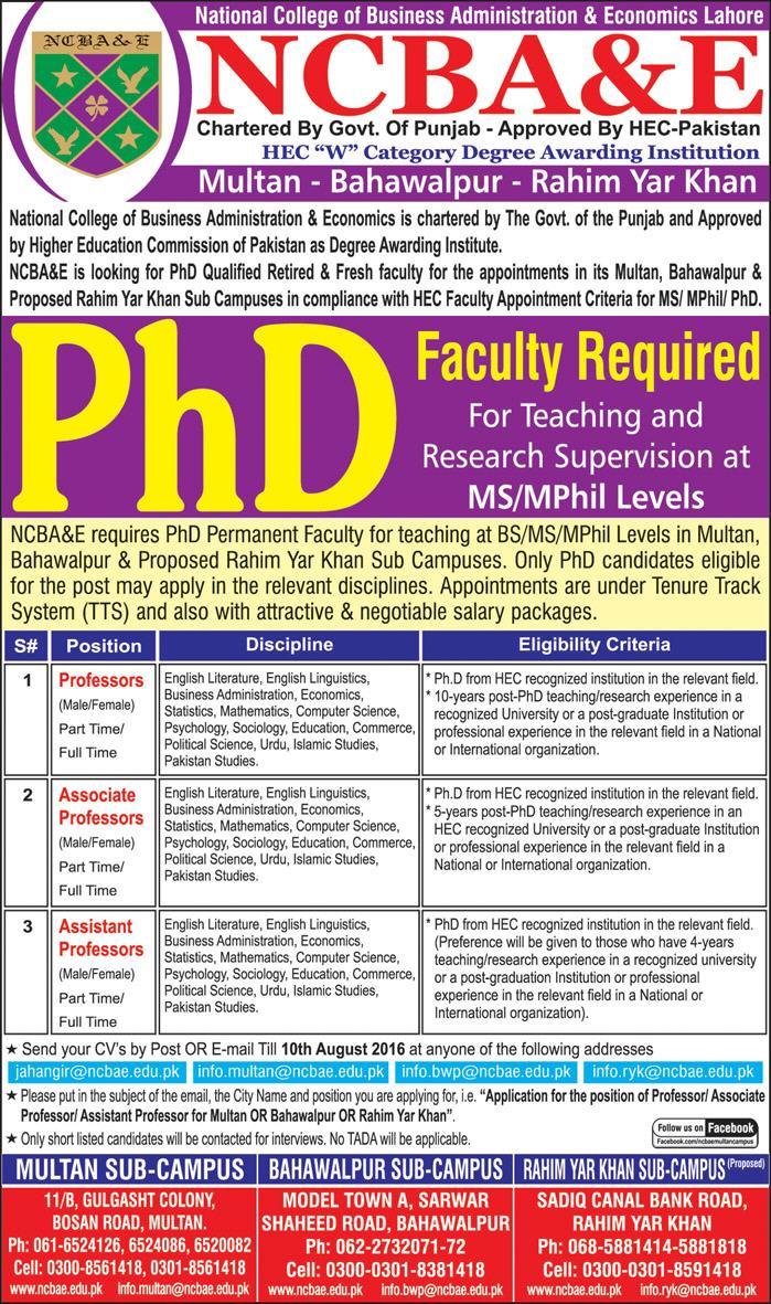 NCBA&E Jobs July 2016 Teaching Faulty in Multan, Bahawalpur & Rahim Yar Khan Campuses Latest