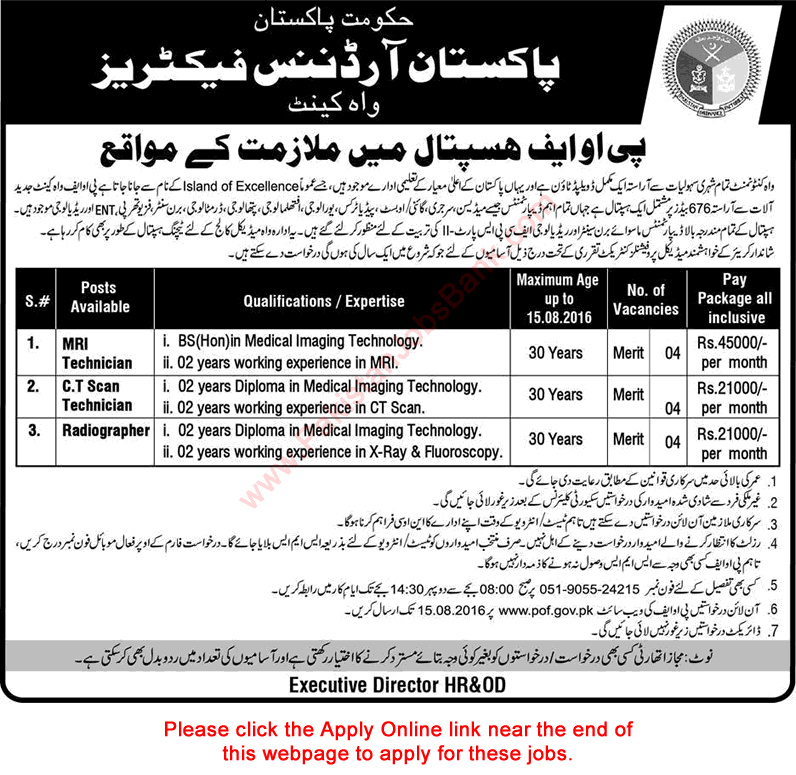 POF Hospital Wah Cantt Jobs August 2016 Apply Online MRI / CT Scan Technicians & Radiographers Latest