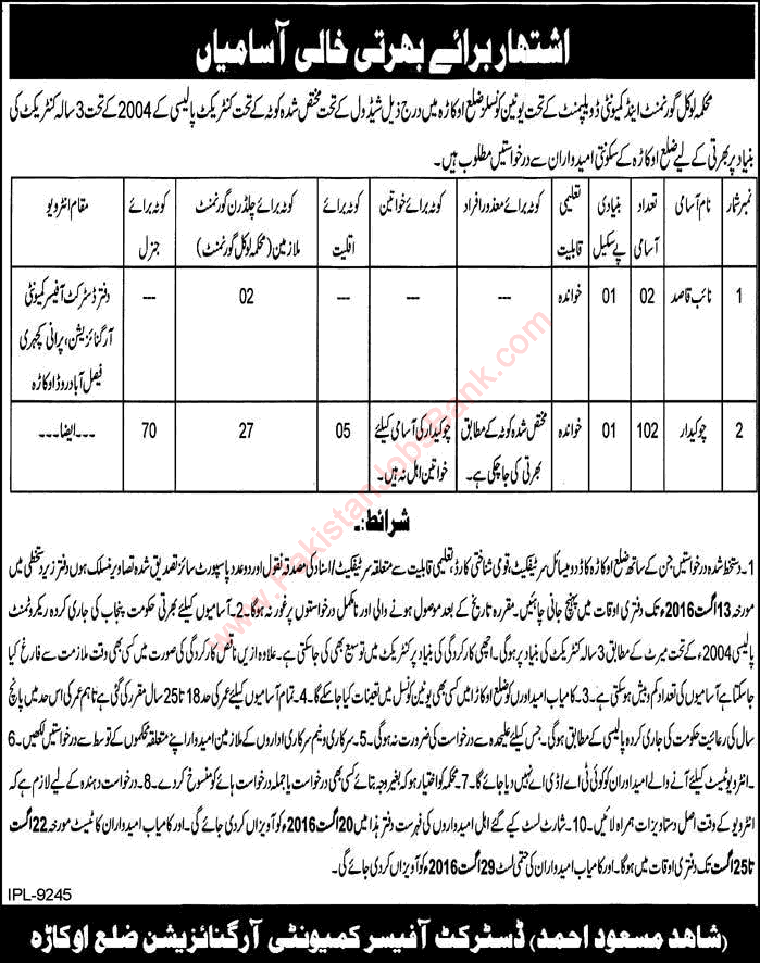 Community Development Department Okara Jobs 2016 August Chowkidar & Naib Qasid Latest