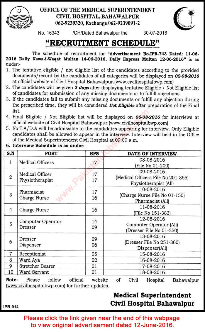 Civil Hospital Bahawalpur Jobs August 2016 Interview Schedule Latest