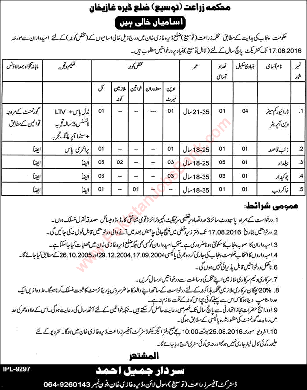 Agriculture Department Dera Ghazi Khan Jobs 2016 August Baildar, Chowkidar & Others Latest