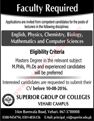 Superior Group of Colleges Vehari Jobs August 2016 for Lecturers Latest