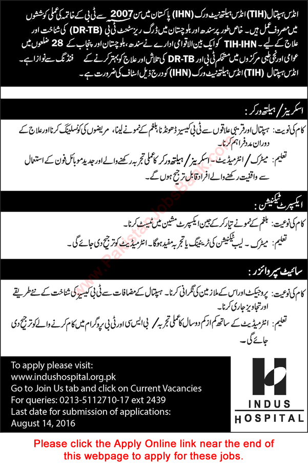 Indus Hospital Jobs August 2016 Apply Online TB Control Program Screener / Health Workers & Others Latest