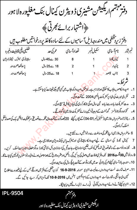 Irrigation Department Punjab Lahore Jobs August 2016 Canal Guards, Chowkidar & Naib Qasid Latest