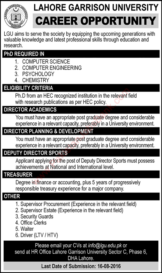 Lahore Garrison University Jobs August 2016 Teaching Faculty, Office Clerks, Security Guards & Others Latest