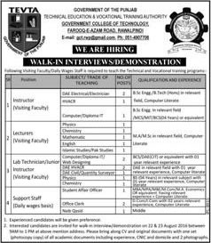 TEVTA Jobs August 2016 in Rawalpindi at Government College of Technology Walk in Interviews Latest