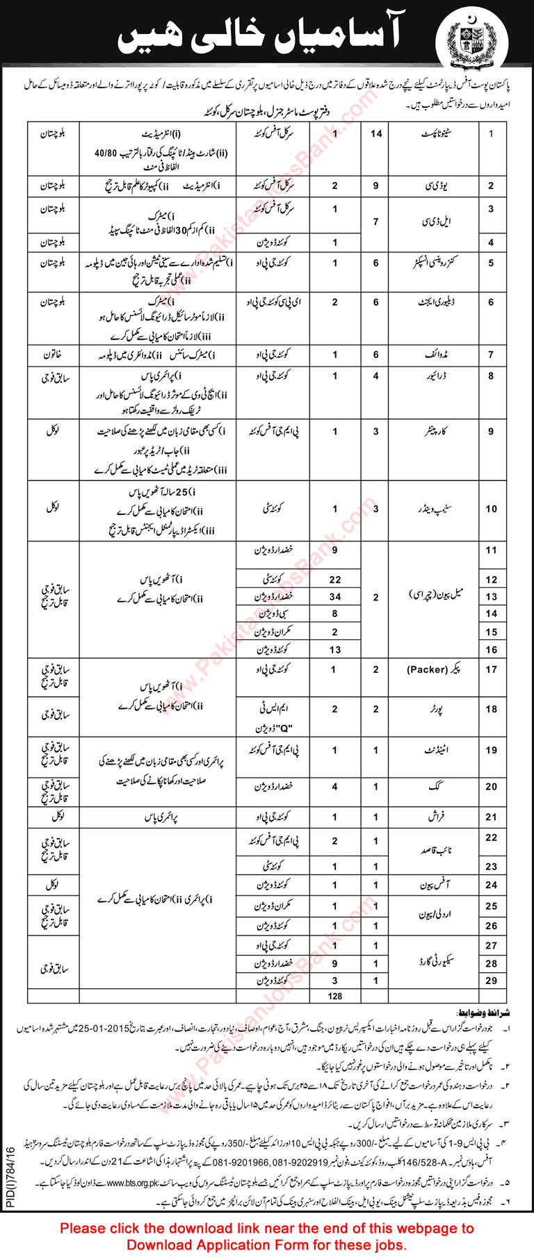 Pakistan Post Office Jobs August 2016 in Balochistan BTS Application Form Download Latest / New