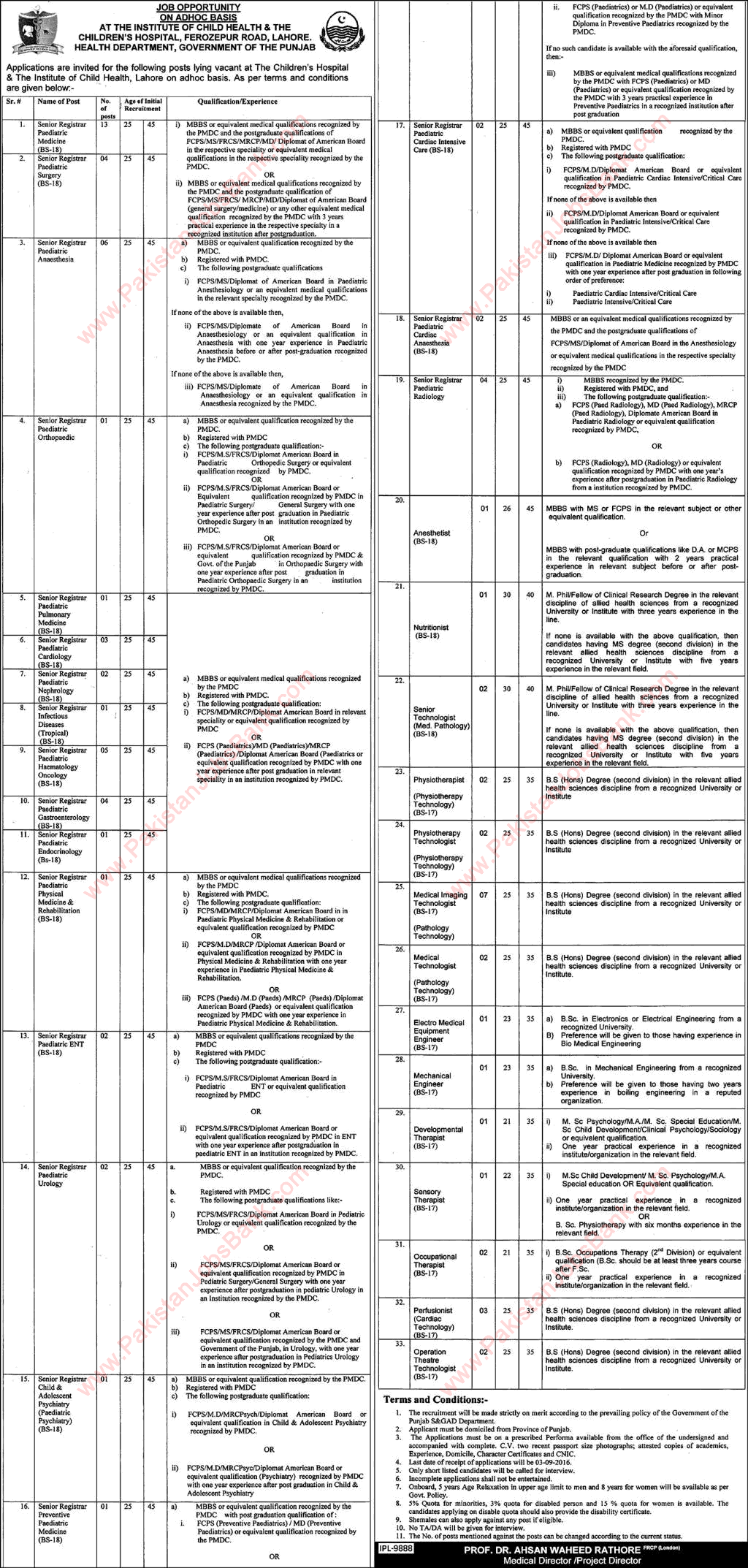 Children's Hospital Lahore Jobs August 2016 The Institute of Child Health CHICH Latest / New