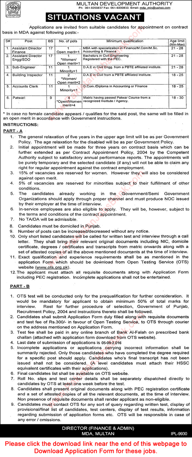 Multan Development Authority Jobs August MDA OTS Application Form Download Latest