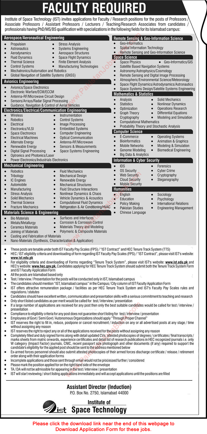 Institute of Space Technology Islamabad Jobs August 2016 IST Application Form Teaching Faculty Latest