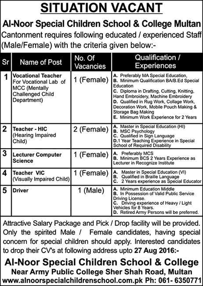 Al Noor Special Children School & College Multan Jobs 2016 August Teachers, Lecturers & Driver Latest