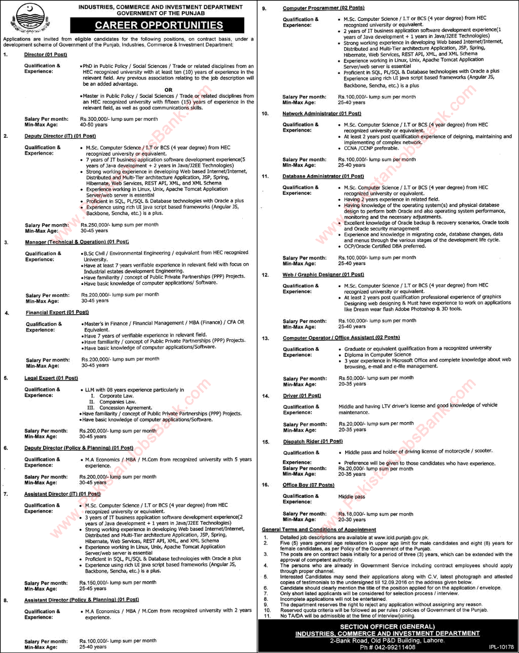 Industries Commerce and Investment Department Punjab Jobs August 2016 ICID Software Engineers & Others Latest