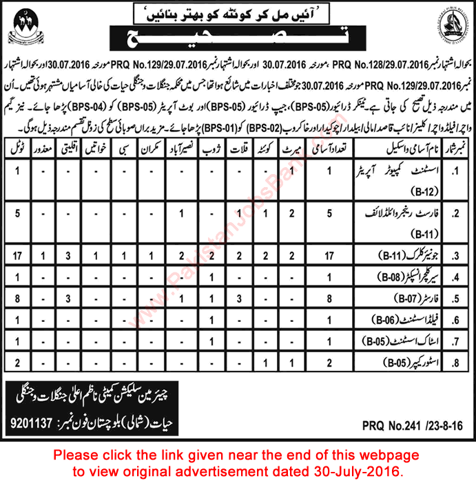 Forest and Wildlife Department Balochistan Jobs August 2016 Corrigendum Latest