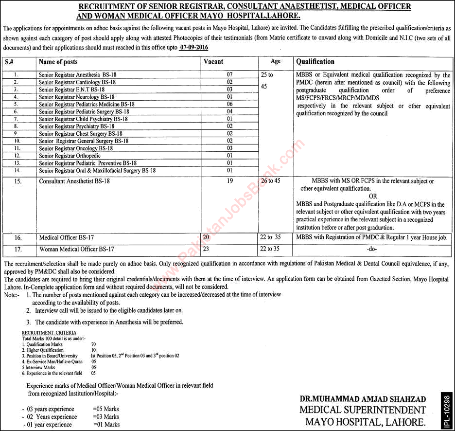 Mayo Hospital Lahore Jobs August 2016 Medical Officers, Consultants & Senior Registrars Latest