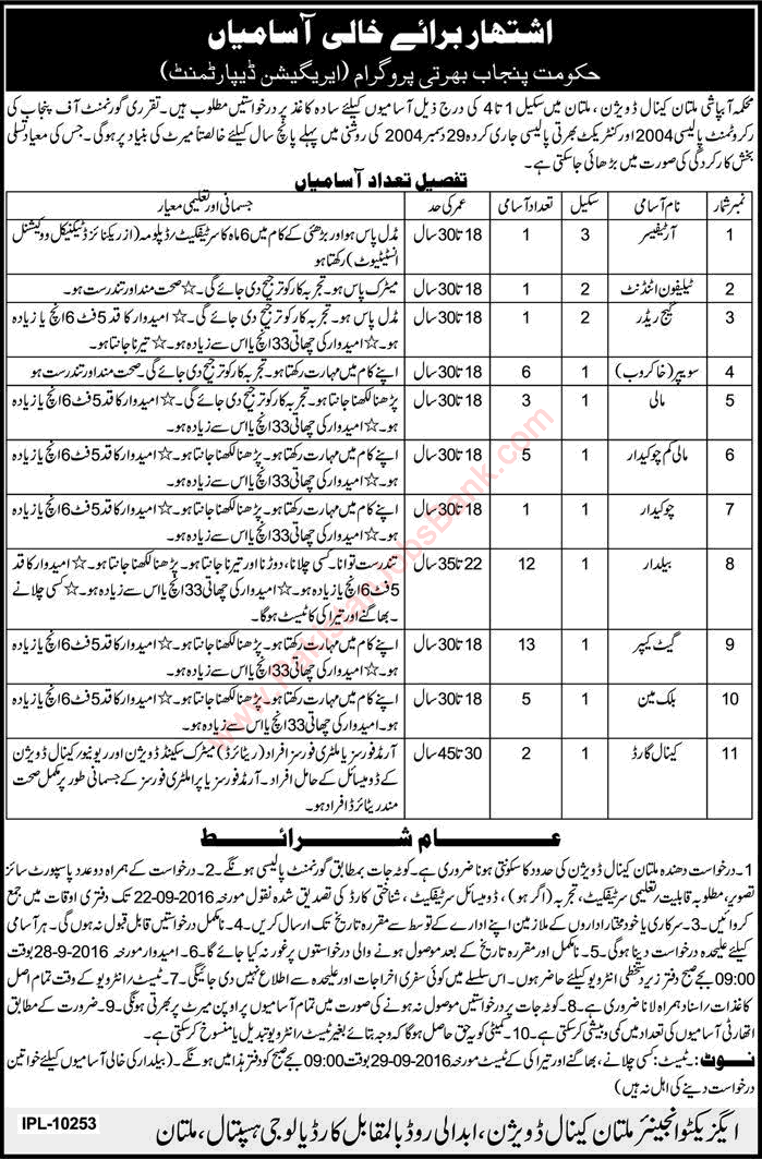 Irrigation Department Multan Jobs August 2016 Gate Keepers, Baildar, Sweeper & Others Latest