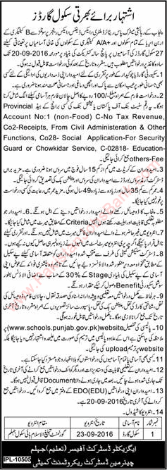 Security Guard Jobs in Education Department Jhelum August 2016 September School Guards Latest
