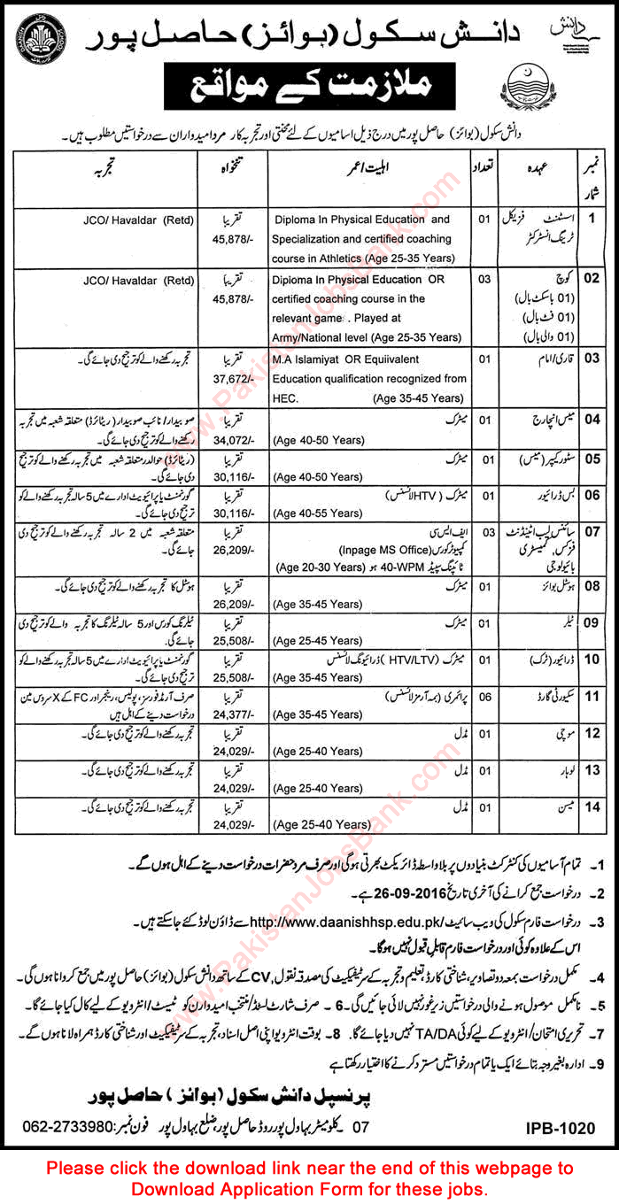 Danish School Hasilpur Jobs September 2016 Application Form Lab Attendants, Security Guards & Others Latest