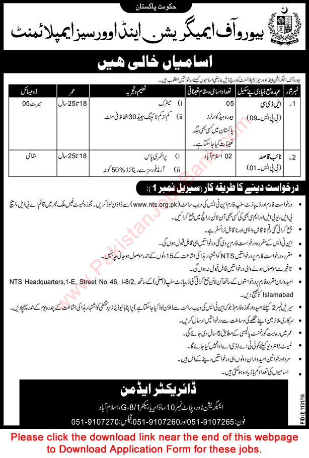 Bureau of Emigration & Overseas Employment Jobs September 2016 NTS Application Form Clerks & Naib Qasid Latest