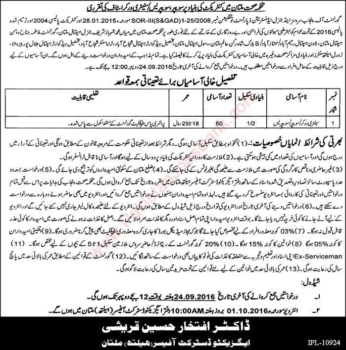 Sanitary Worker Jobs in Health Department Multan September 2016 Latest