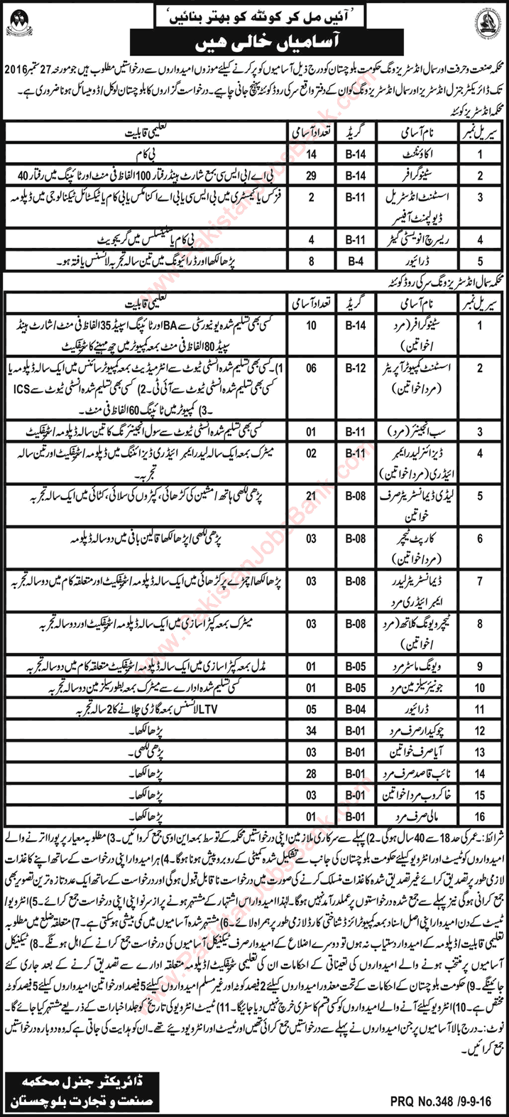 Industries and Commerce Department Balochistan Jobs September 2016 Stenographers, Lady Demonstrators & Others Latest