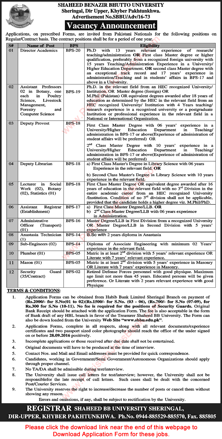 Shaheed Benazir Bhutto University Sheringal Jobs 2016 September Upper Dir Application Form Download Latest