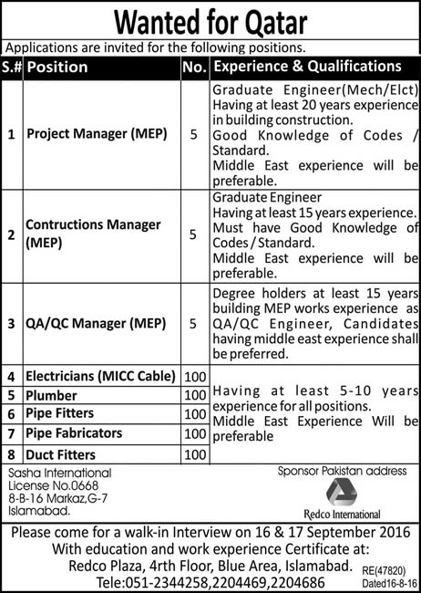 Redco International Qatar Jobs September 2016 Electricians, Plumbers, Pipe Fitters / Fabricators & Others Latest