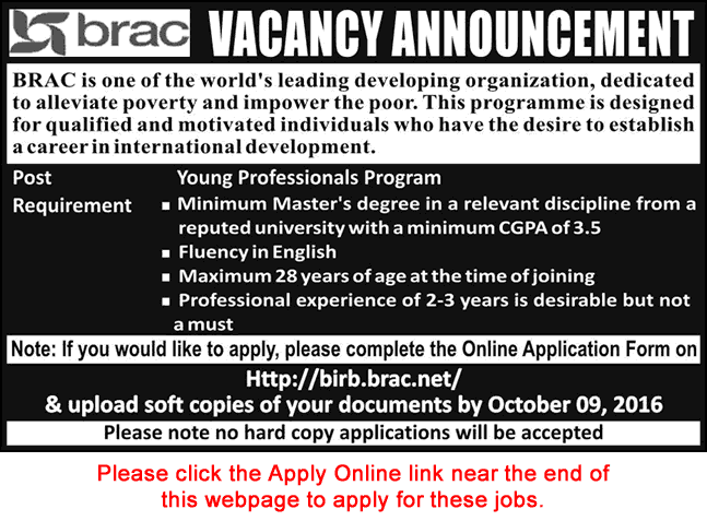 BRAC Pakistan Jobs September 2016 Young Professionals Program Online Application Form Latest