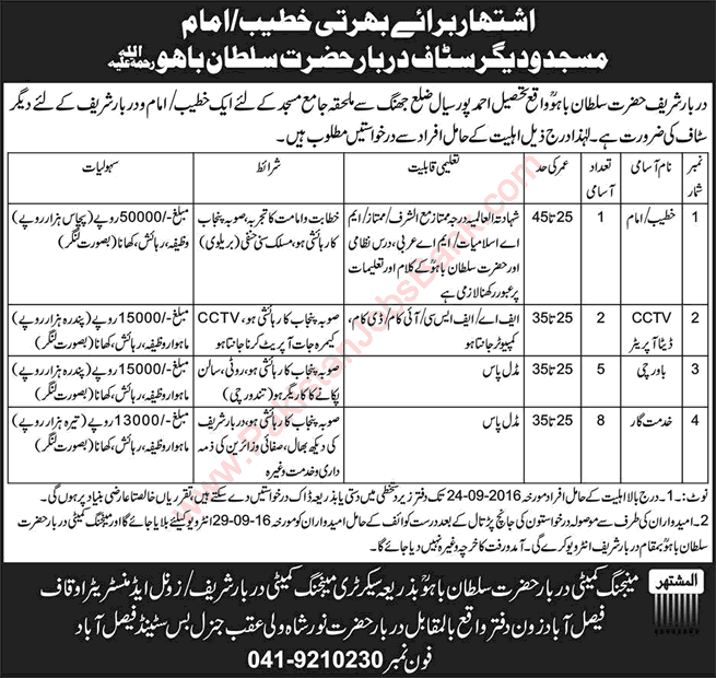 Darbar Hazrat Sultan Bahoo Jhang Jobs 2016 September Bawarchi, CCTV Data Operators & Others Latest