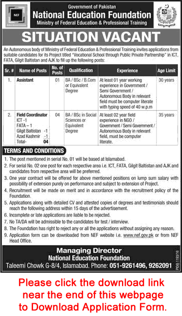 National Education Foundation Jobs 2016 September Application Form Field Coordinators & Assistant Latest