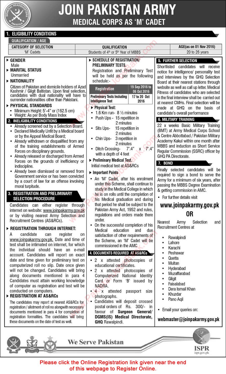 Join Pakistan Army as M Cadet September 2016 Online Registration in Army Medical Corps Latest / New