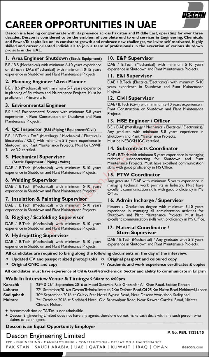 DESCON Engineering UAE Jobs September 2016 Civil / Mechanical / Electrical Engineers & Others Latest