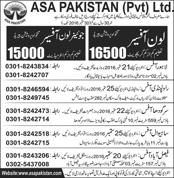 Loan Officer Jobs in ASA Pakistan 2016 September Walk in Interviews Microfinance Bank Latest