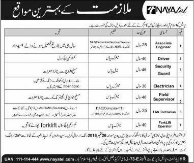 Nayatel Jobs in Islamabad / Rawalpindi September 2016 Electricians, Drivers, Security Guards & Others Latest
