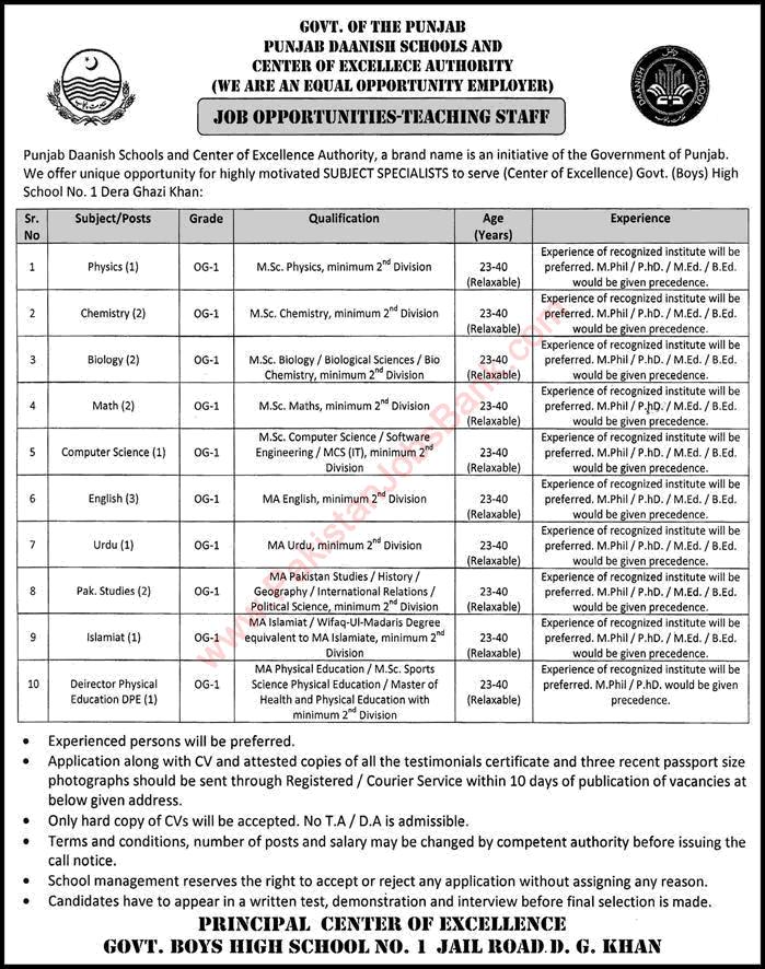 Danish School Dera Ghazi Khan Jobs 2016 September Teachers at Government Boys High School Latest