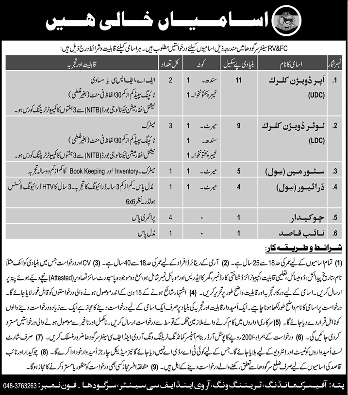 RV&FC Center Sargodha Jobs 2016 September Pakistan Army Clerks, Chowkidar, Storeman, Driver & Naib Qasid Latest