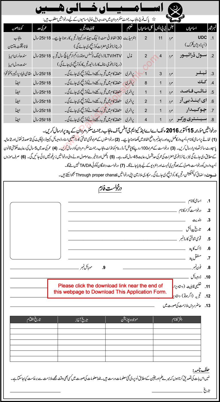 Punjab Regiment Centre Mardan Jobs 2016 September Pakistan Army Application Form Download Latest