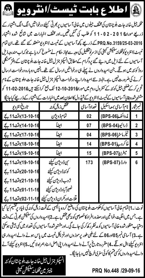 Prison Department Balochistan Jobs 2016 September / October Test / Interview Schedule Latest