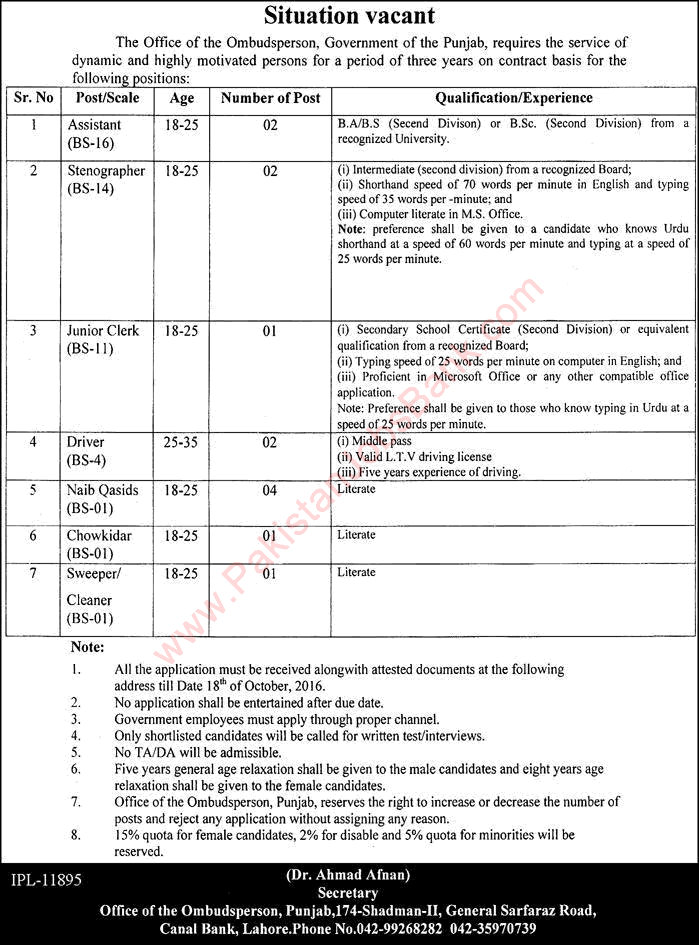 Office of the Ombudsperson Punjab Jobs 2016 October Lahore Assistants, Stenographers, Naib Qasid & Others Latest